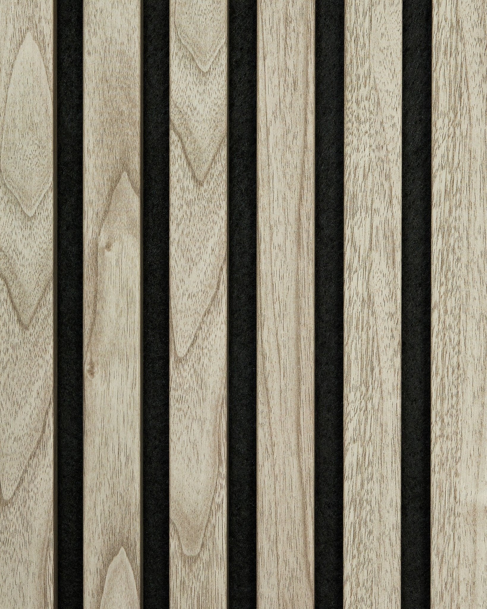 Close-up of Akupanel acoustic panel sample in Weathered Oak from WoodUpp, showing vertical wooden slats with natural grain in a Nordic, minimalist style.